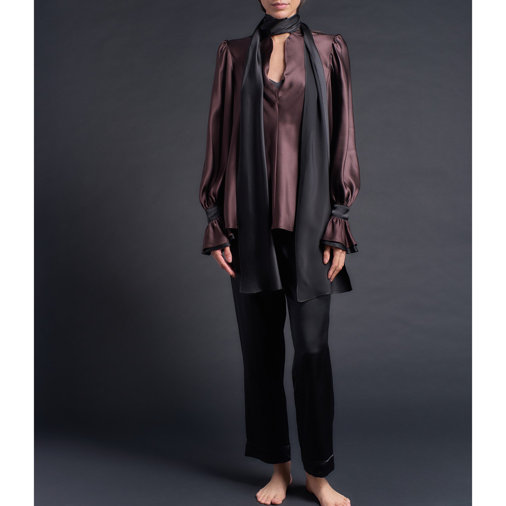 Isobel Blouse in Color Blocked Brown Black Silk Charmeuse