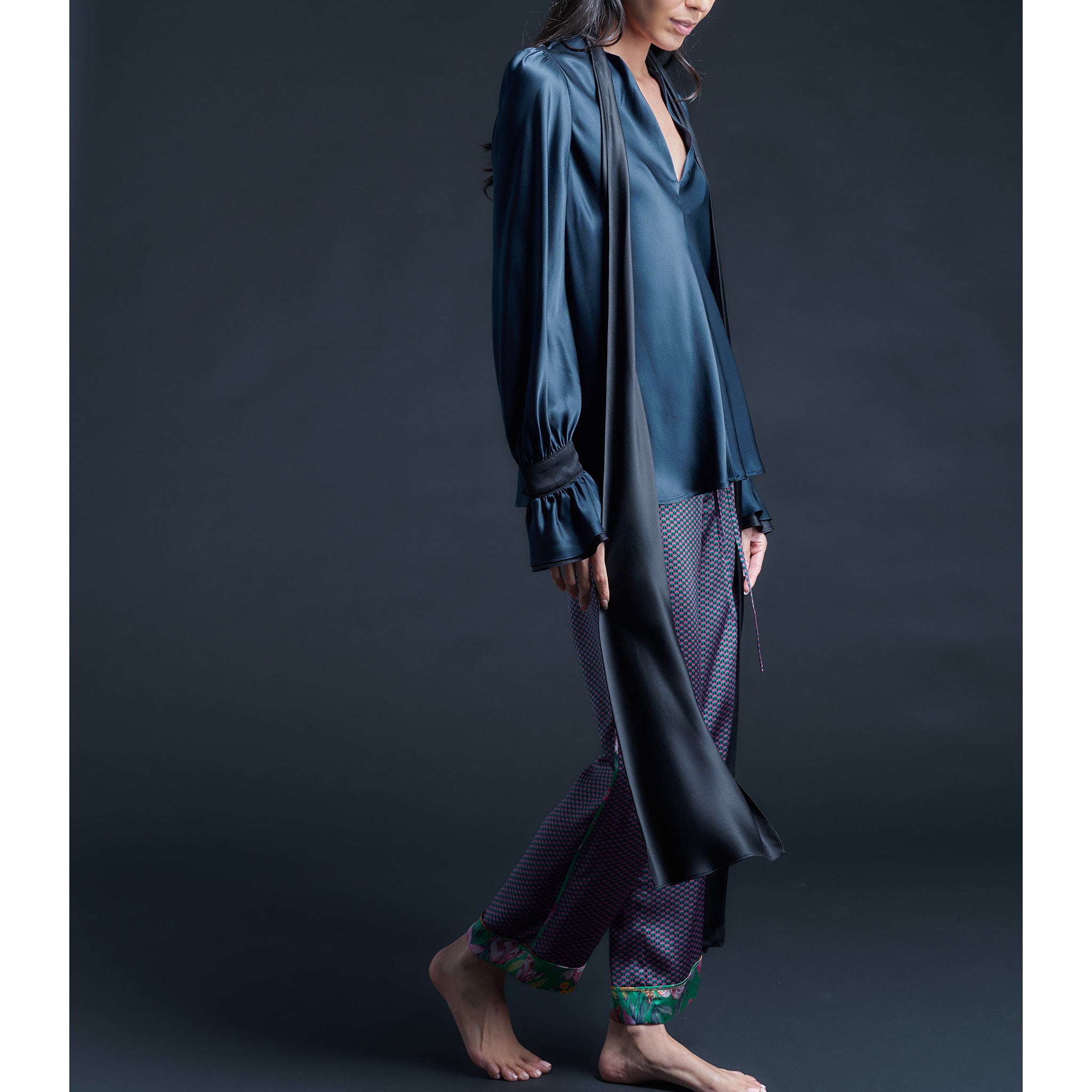 Isobel Blouse in Color Blocked Sapphire Black Silk Charmeuse