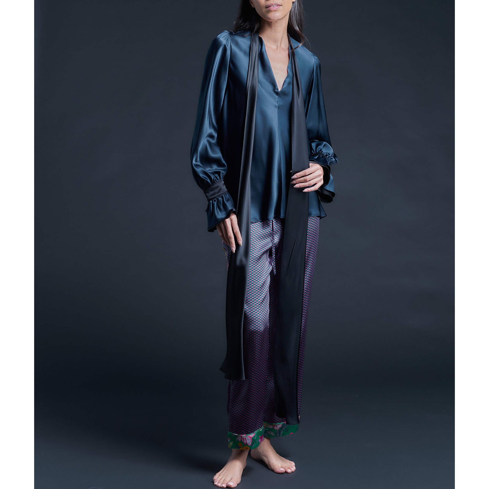 Isobel Blouse in Color Blocked Sapphire Black Silk Charmeuse