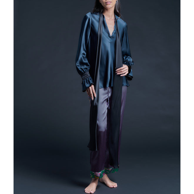 Isobel Blouse in Color Blocked Sapphire Black Silk Charmeuse