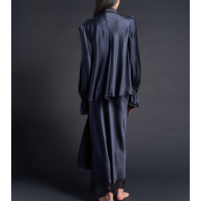 Isobel Blouse in Color Blocked Sapphire Black Silk Charmeuse