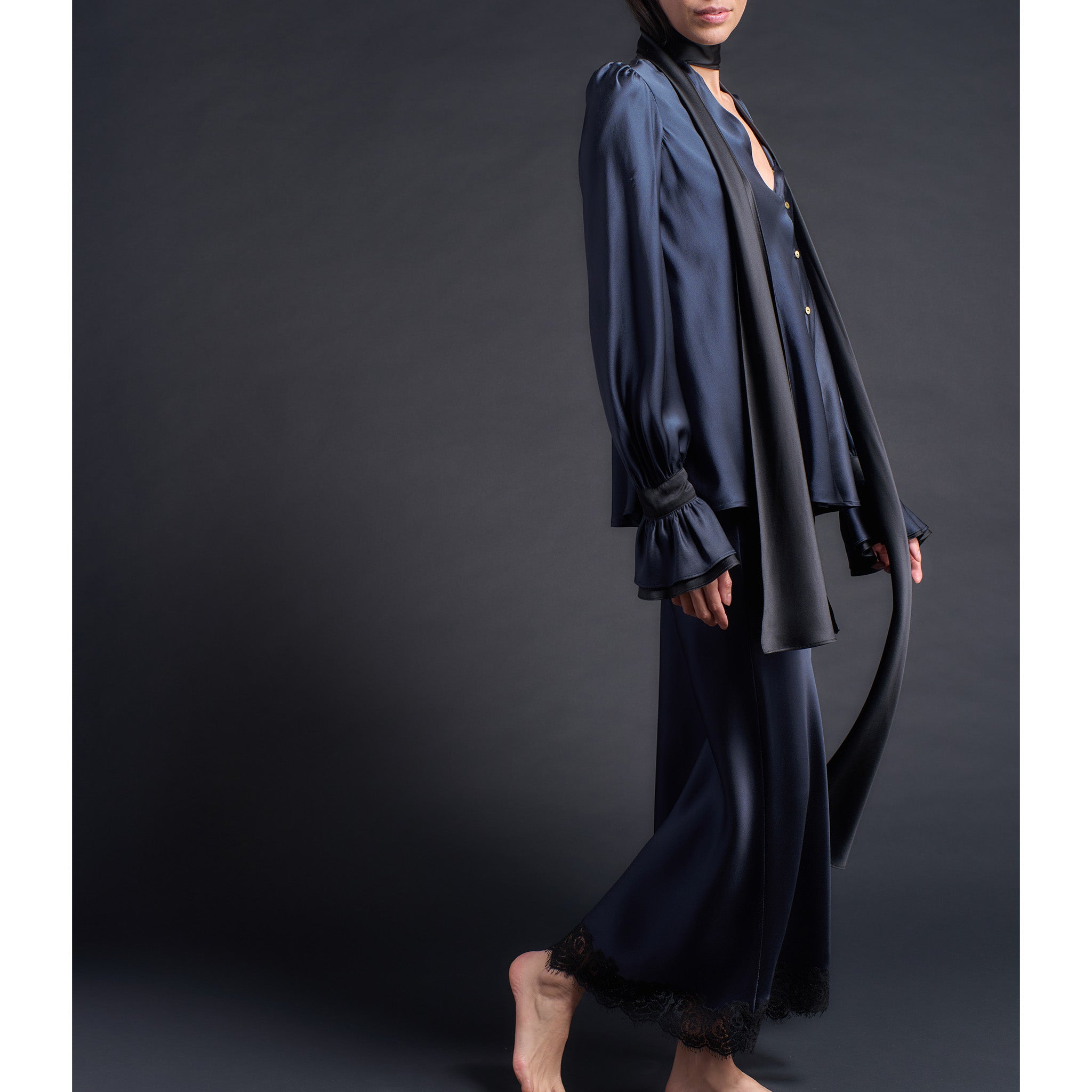 Isobel Blouse in Color Blocked Sapphire Black Silk Charmeuse