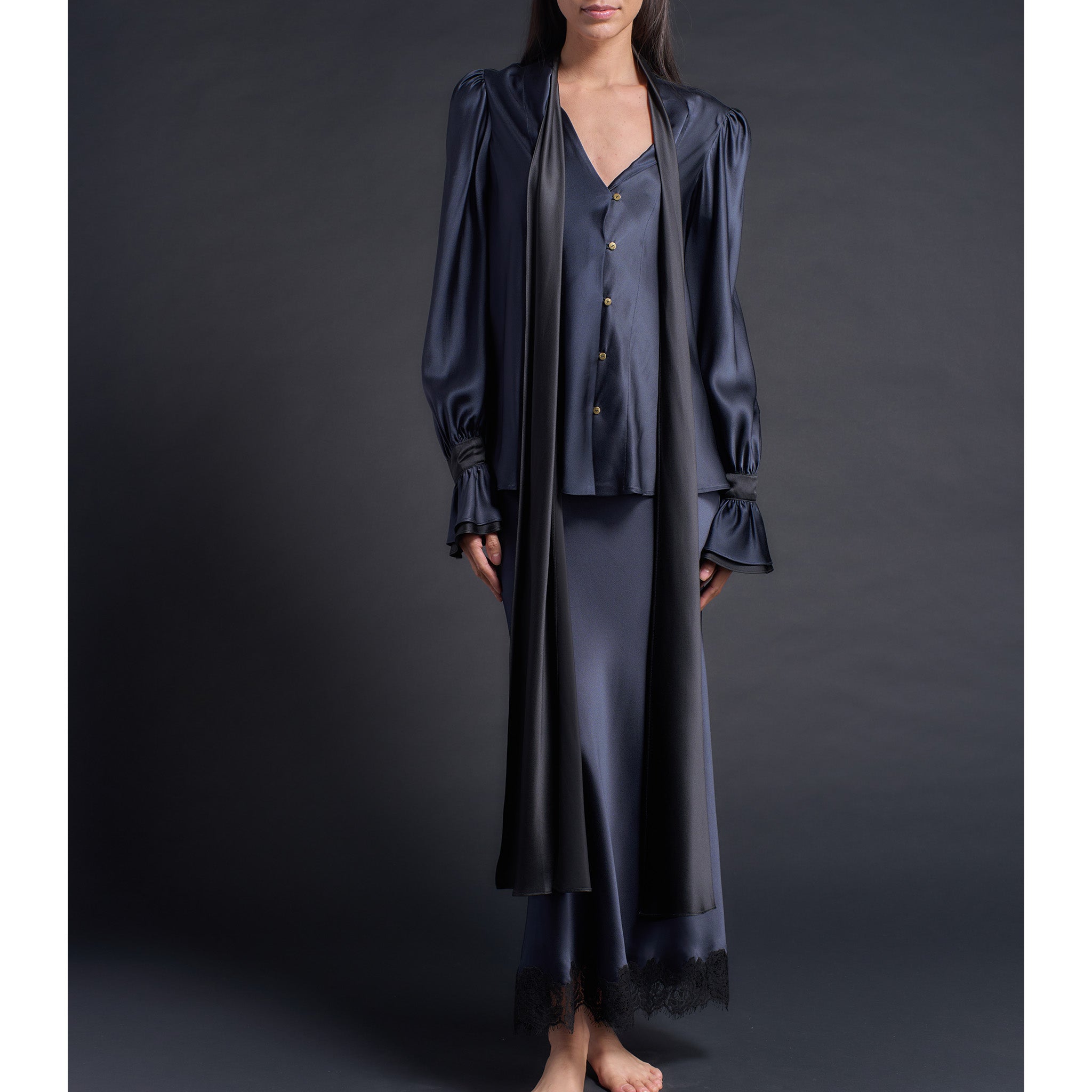 Isobel Blouse in Color Blocked Sapphire Black Silk Charmeuse