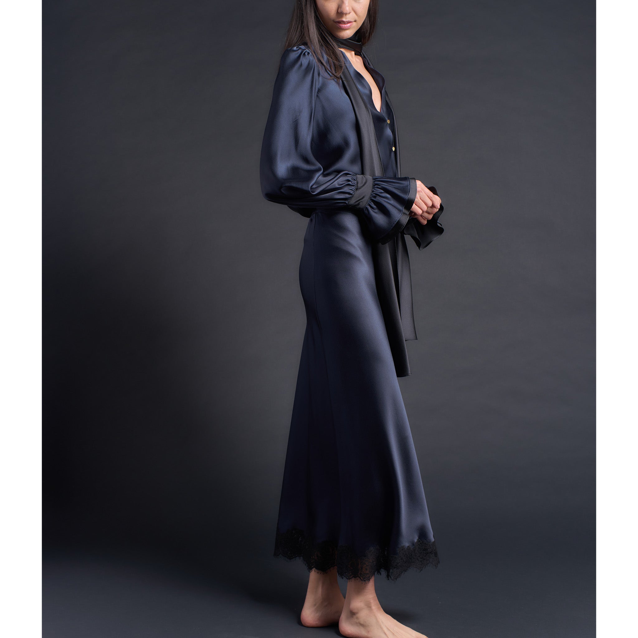 Isobel Blouse in Color Blocked Sapphire Black Silk Charmeuse