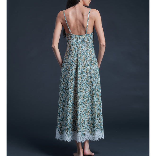 Juno Slip Dress in Liberty Cotton Tana Lawn with lace - Blue Wilderness