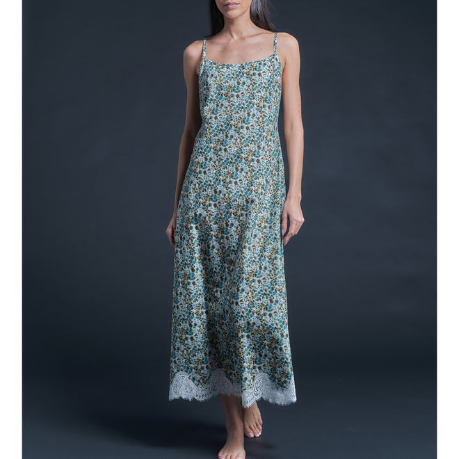 Juno Slip Dress in Liberty Cotton Tana Lawn with lace - Blue Wilderness