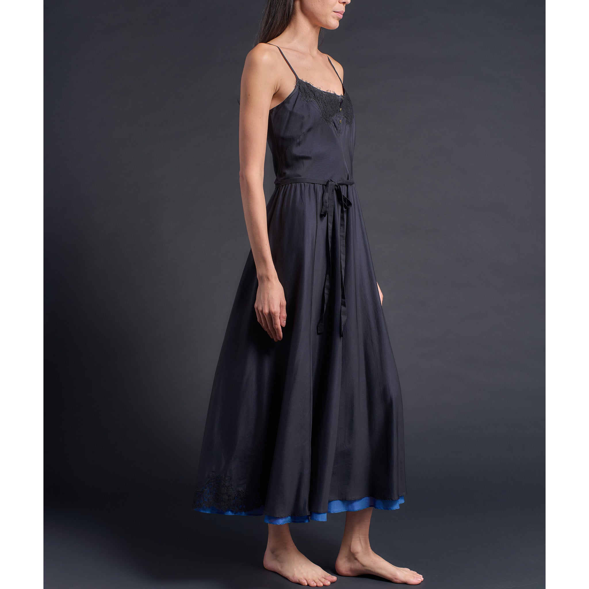 Lilia Slip Dress in Black/Tanzanite Double Layer Silk Cotton Voile w/ French Lace