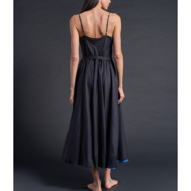 Lilia Slip Dress in Black/Tanzanite Double Layer Silk Cotton Voile w/ French Lace