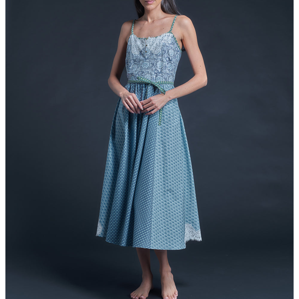 Lilia Slip Dress in Printblock Blue Finesse Hall Liberty Print Cotton Poplin