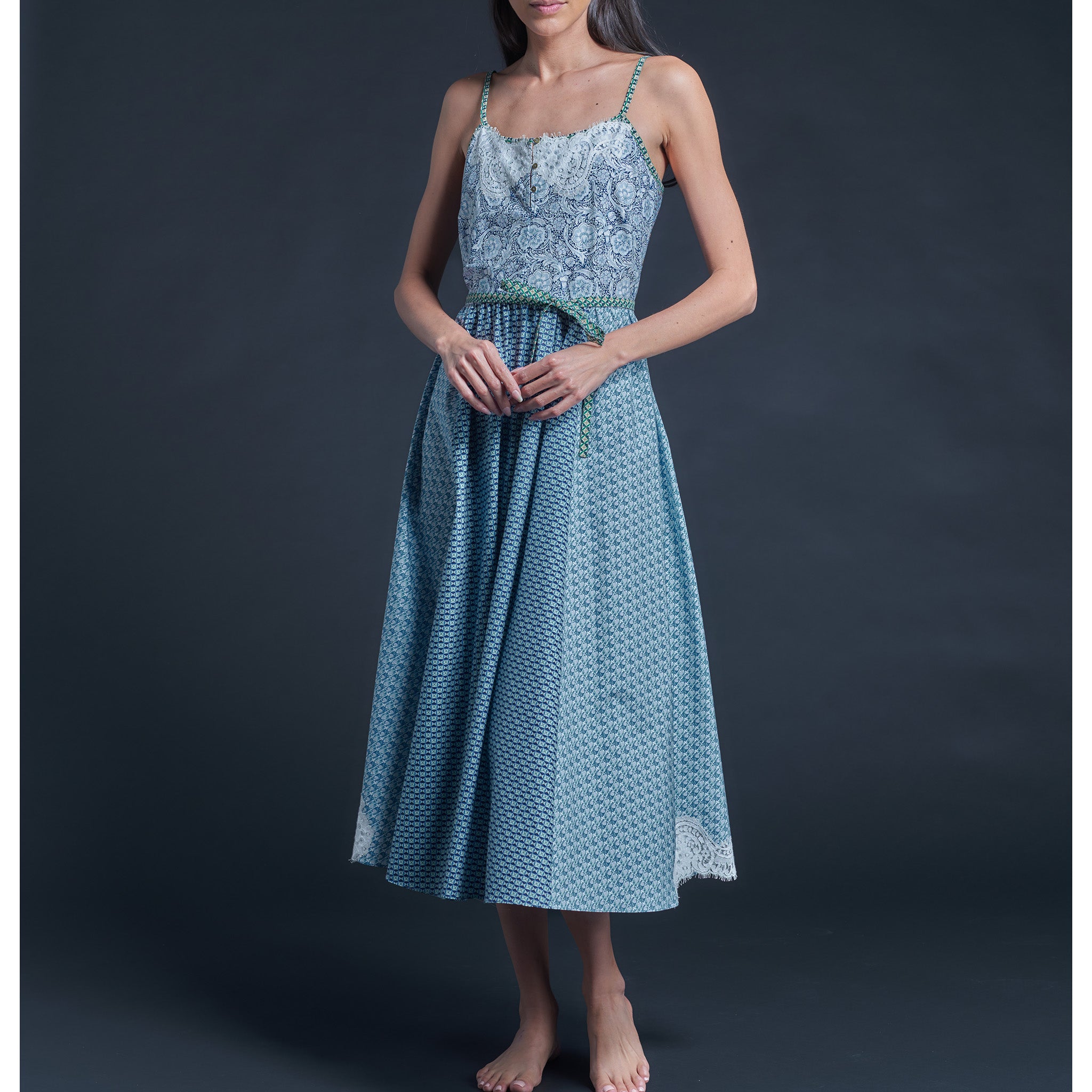 Lilia Slip Dress in Printblock Blue Finesse Hall Liberty Print Cotton Poplin