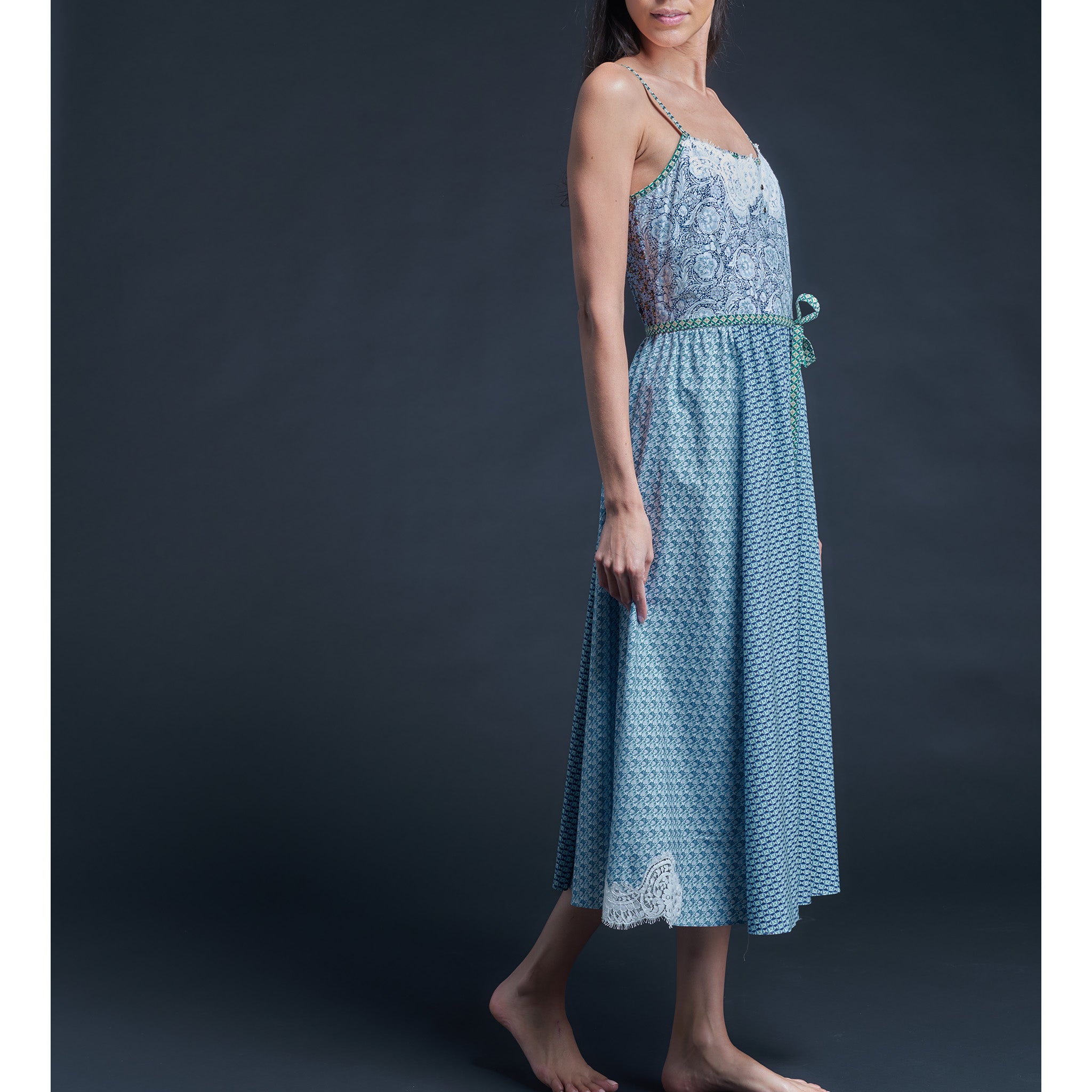 Lilia Slip Dress in Printblock Blue Finesse Hall Liberty Print Cotton Poplin