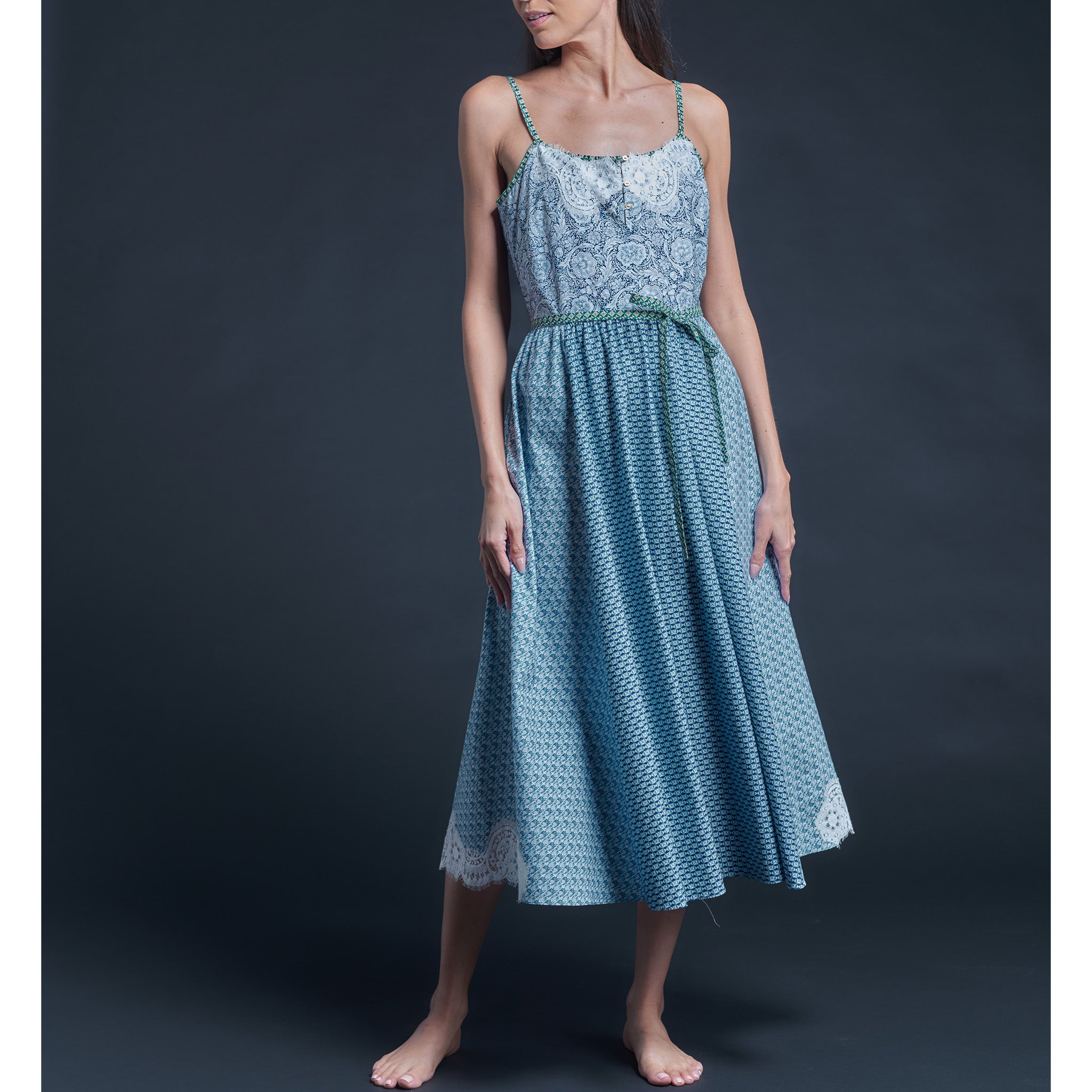 Lilia Slip Dress in Printblock Blue Finesse Hall Liberty Print Cotton Poplin
