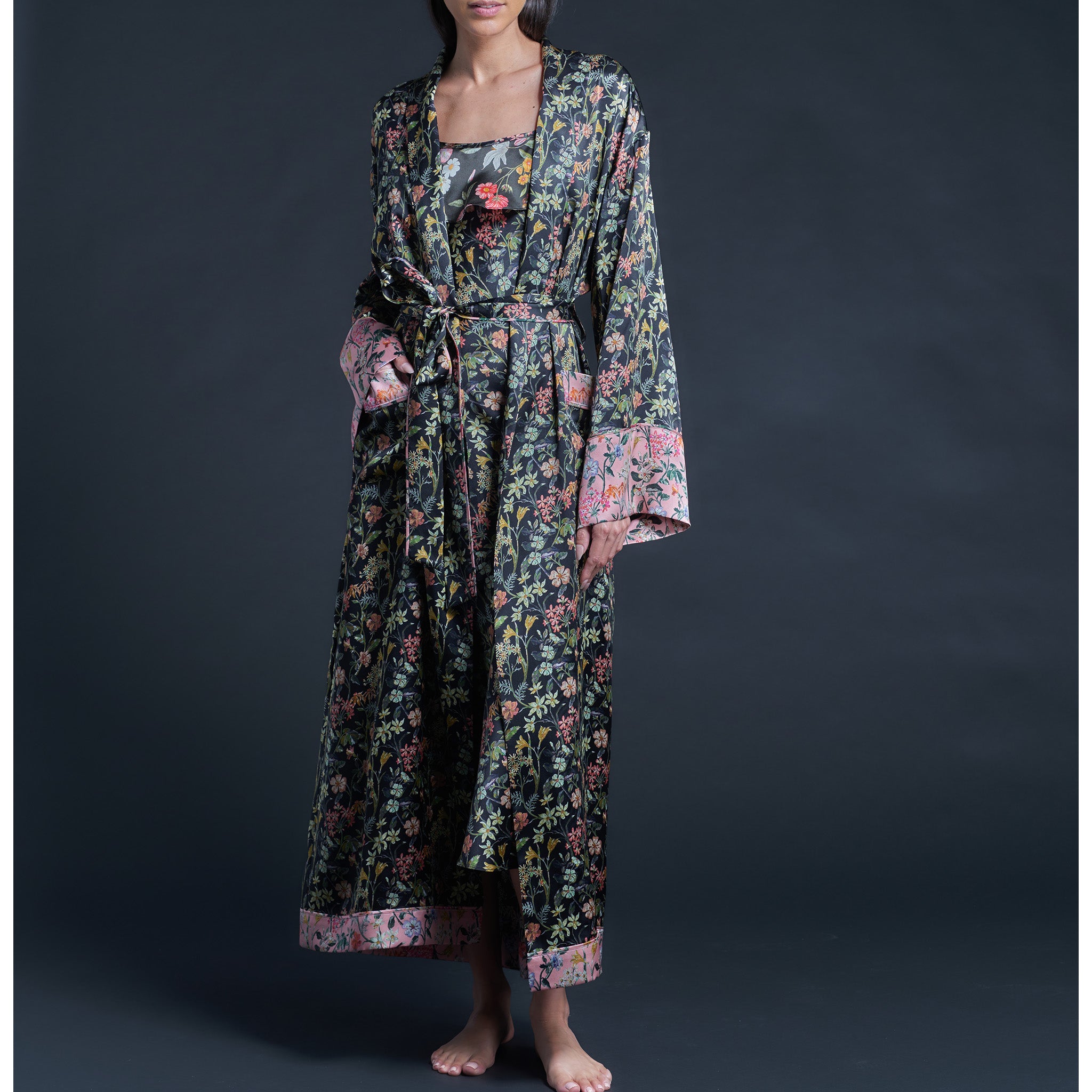 Long Claudette Robe in Black Lockwood Liberty Print Silk Satin