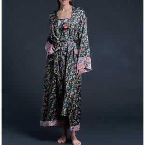 Long Claudette Robe in Black Lockwood Liberty Print Silk Satin