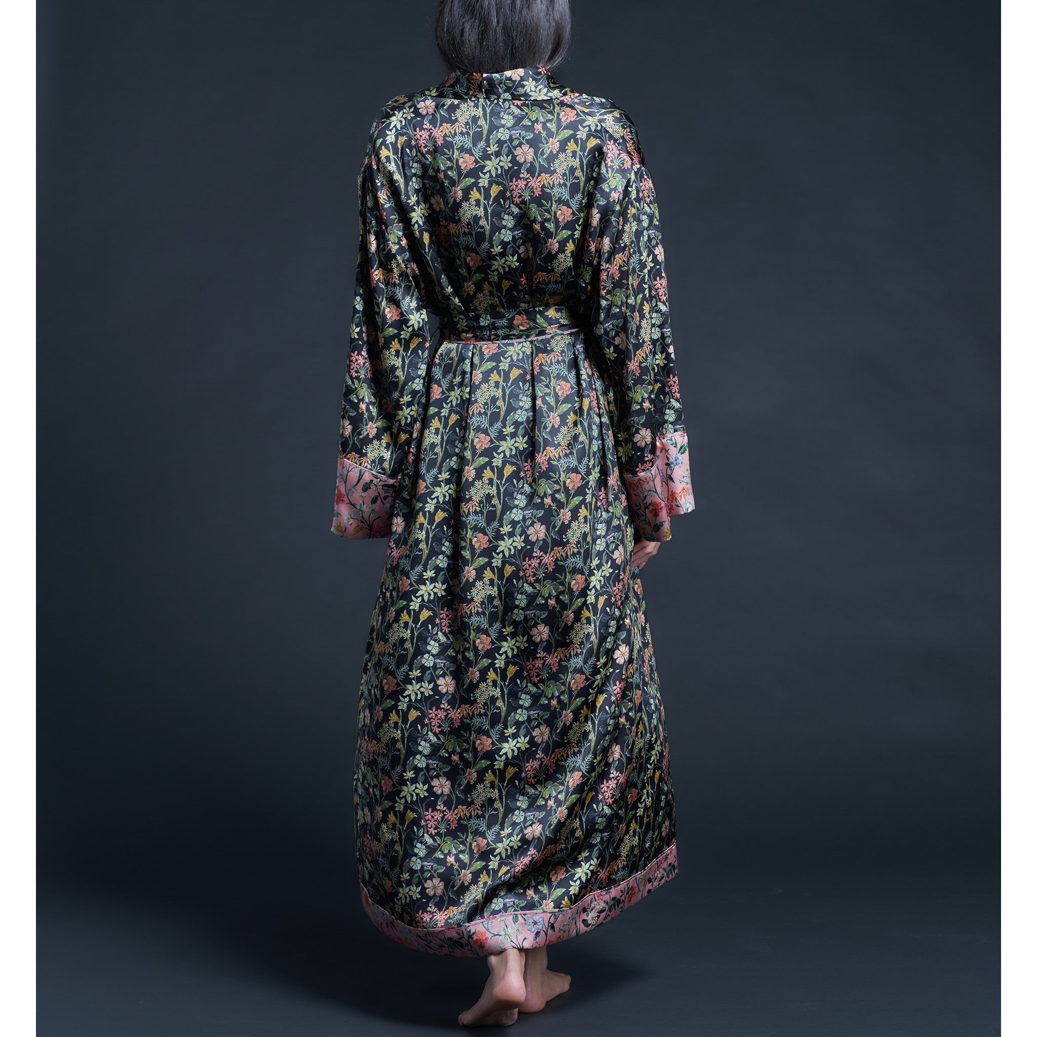 Long Claudette Robe in Black Lockwood Liberty Print Silk Satin