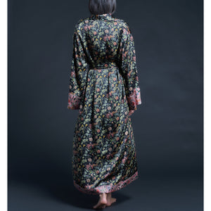 Long Claudette Robe in Black Lockwood Liberty Print Silk Satin