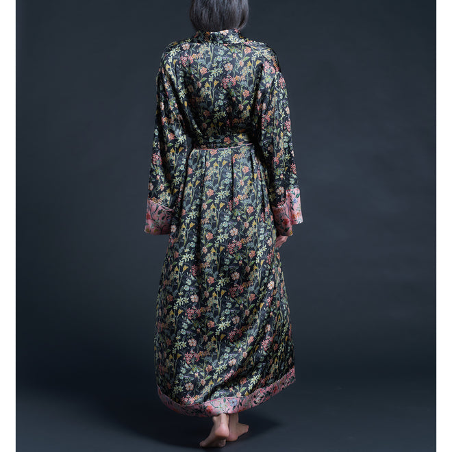 Long Claudette Robe in Black Lockwood Liberty Print Silk Satin