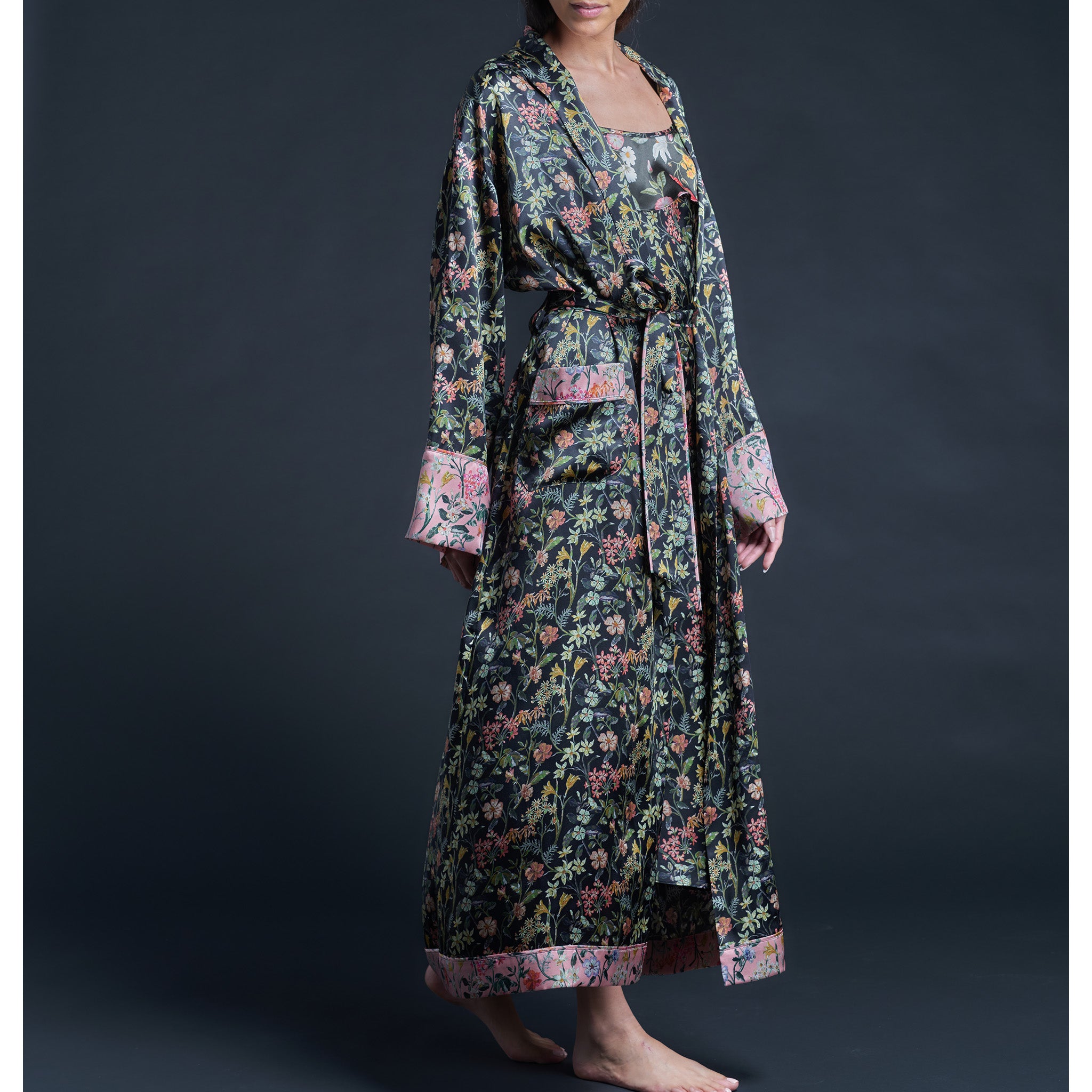 Long Claudette Robe in Black Lockwood Liberty Print Silk Satin