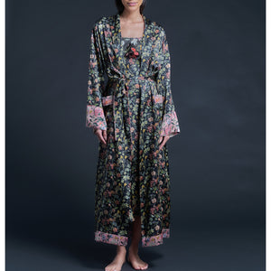 Long Claudette Robe in Black Lockwood Liberty Print Silk Satin