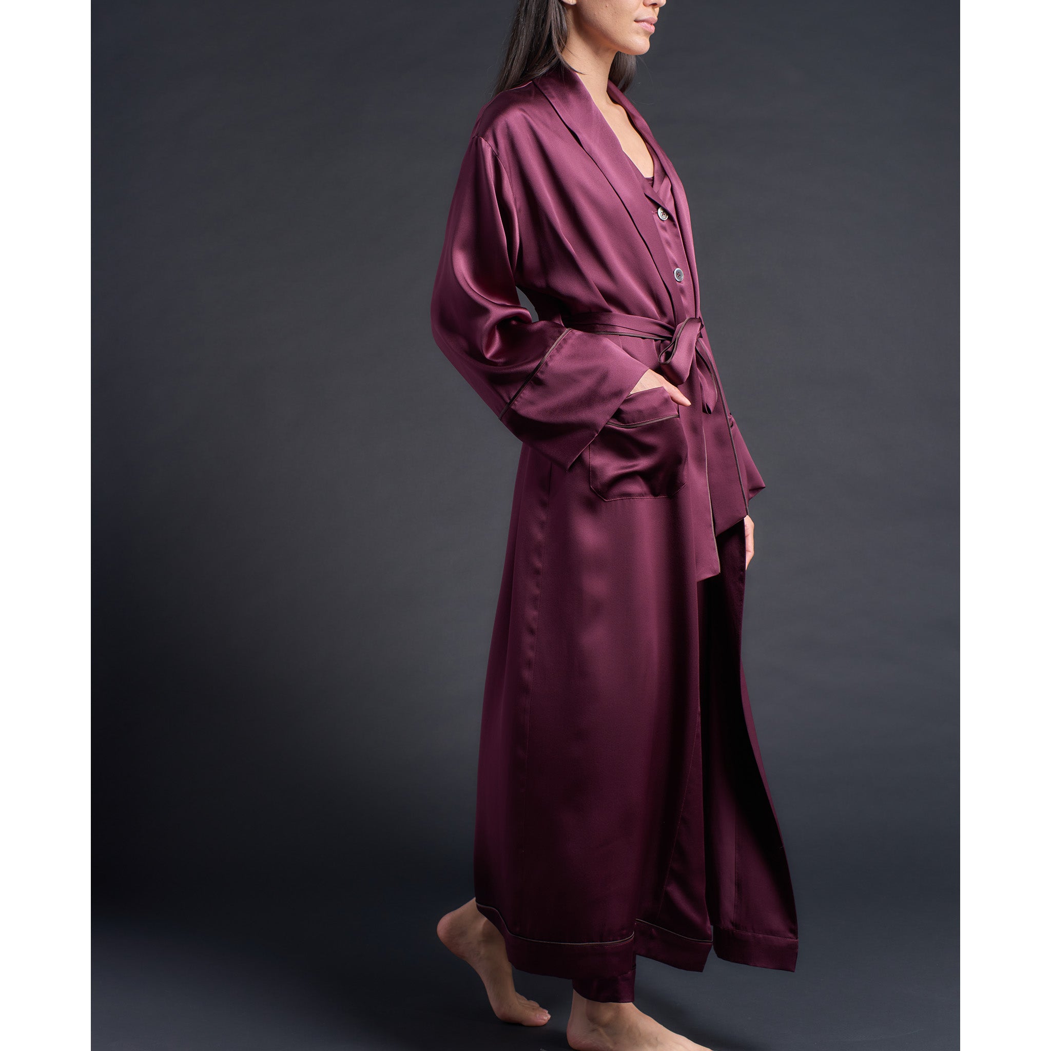 Long Claudette Robe in Garnet Silk Charmeuse