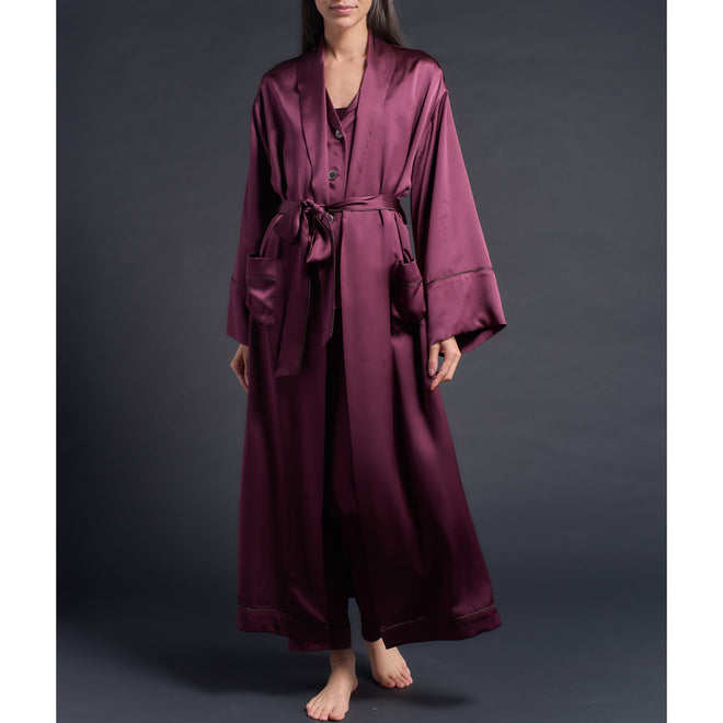Long Claudette Robe in Garnet Silk Charmeuse