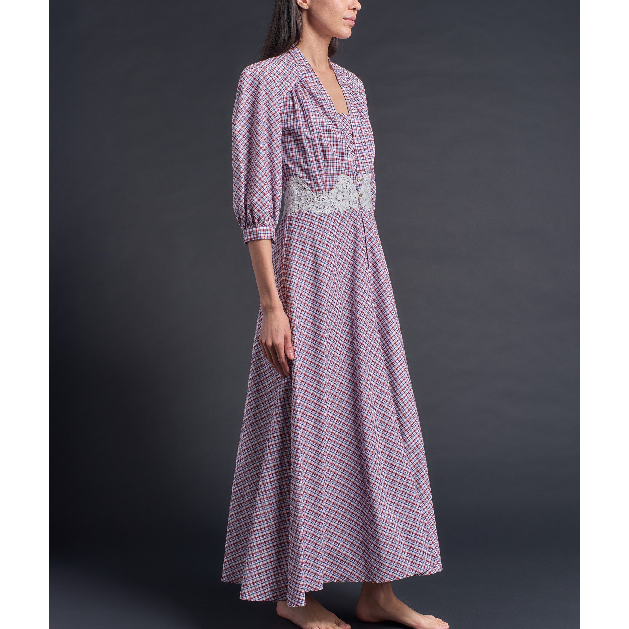 Maia Long Robe in Italian Cotton Red Blue Check
