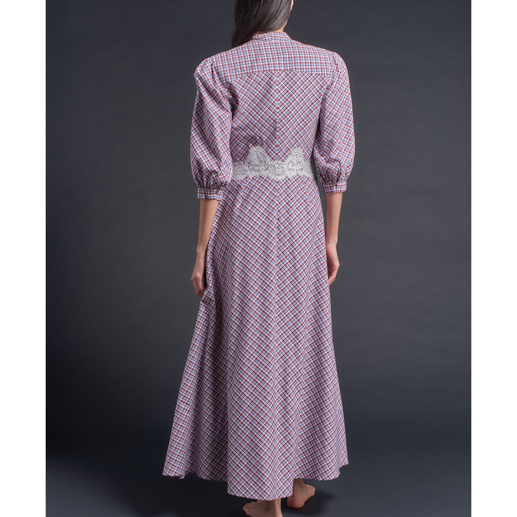 Maia Long Robe in Italian Cotton Red Blue Check