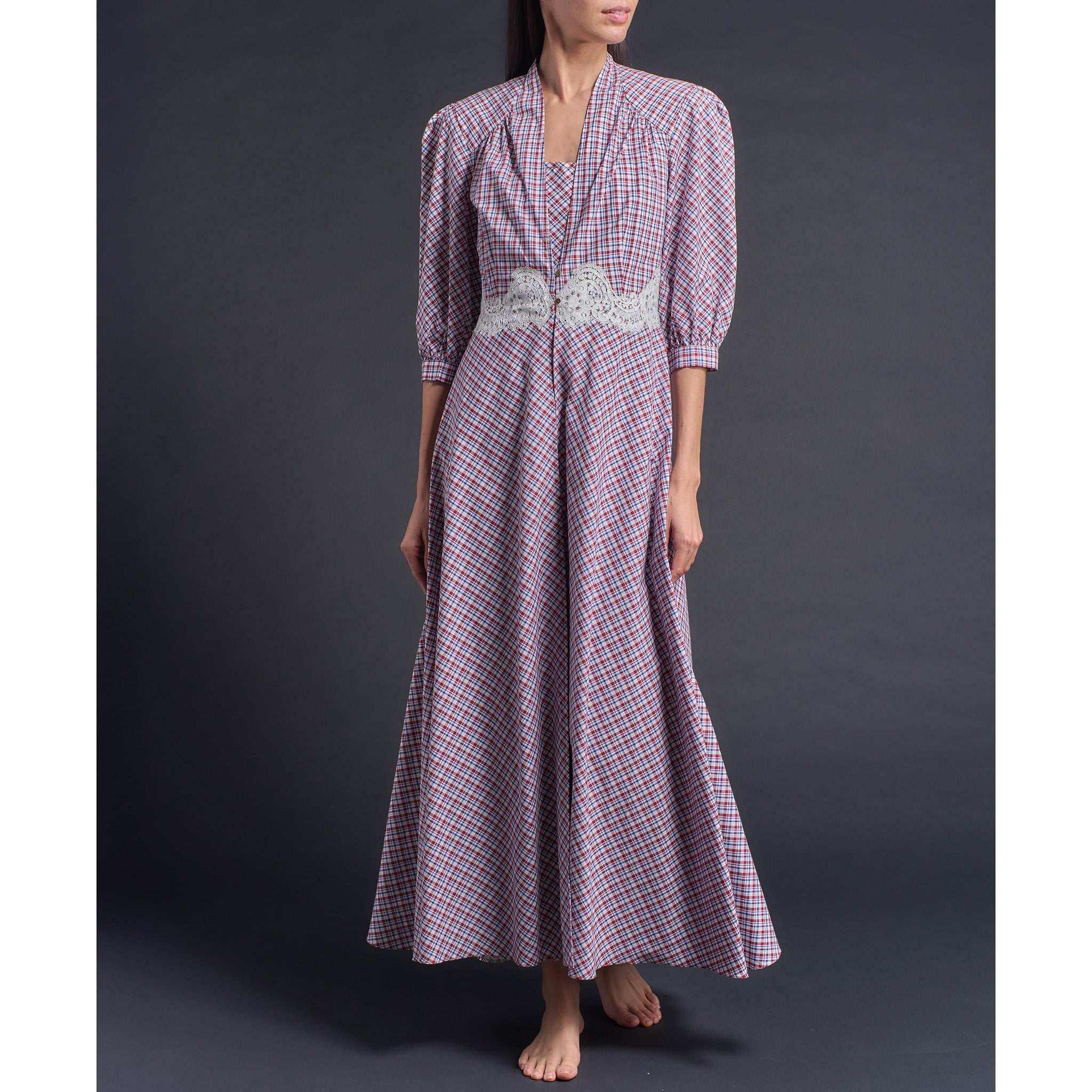 Maia Long Robe in Italian Cotton Red Blue Check