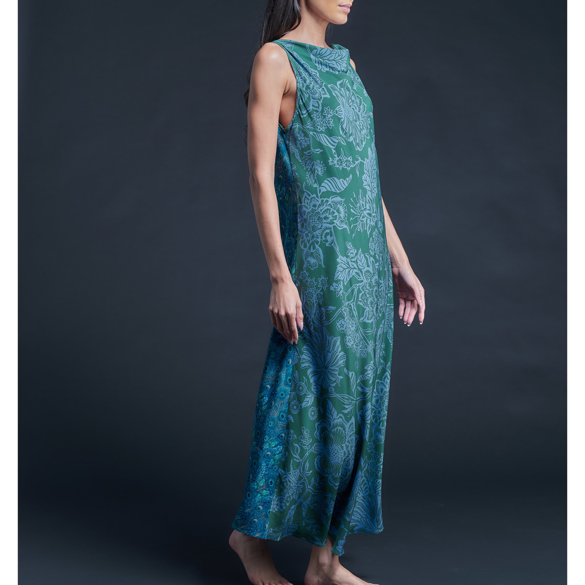 Mariana Sleeveless Blue Peacock Liberty Print Silk Crepe de Chine Boatneck Dress