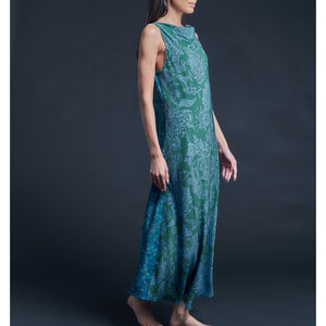 Mariana Sleeveless Blue Peacock Liberty Print Silk Crepe de Chine Boatneck Dress