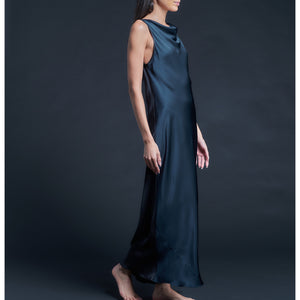 Mariana Sleeveless Sapphire Black Silk Charmeuse Boatneck Dress