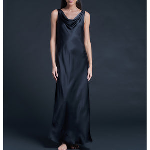 Mariana Sleeveless Sapphire Black Silk Charmeuse Boatneck Dress