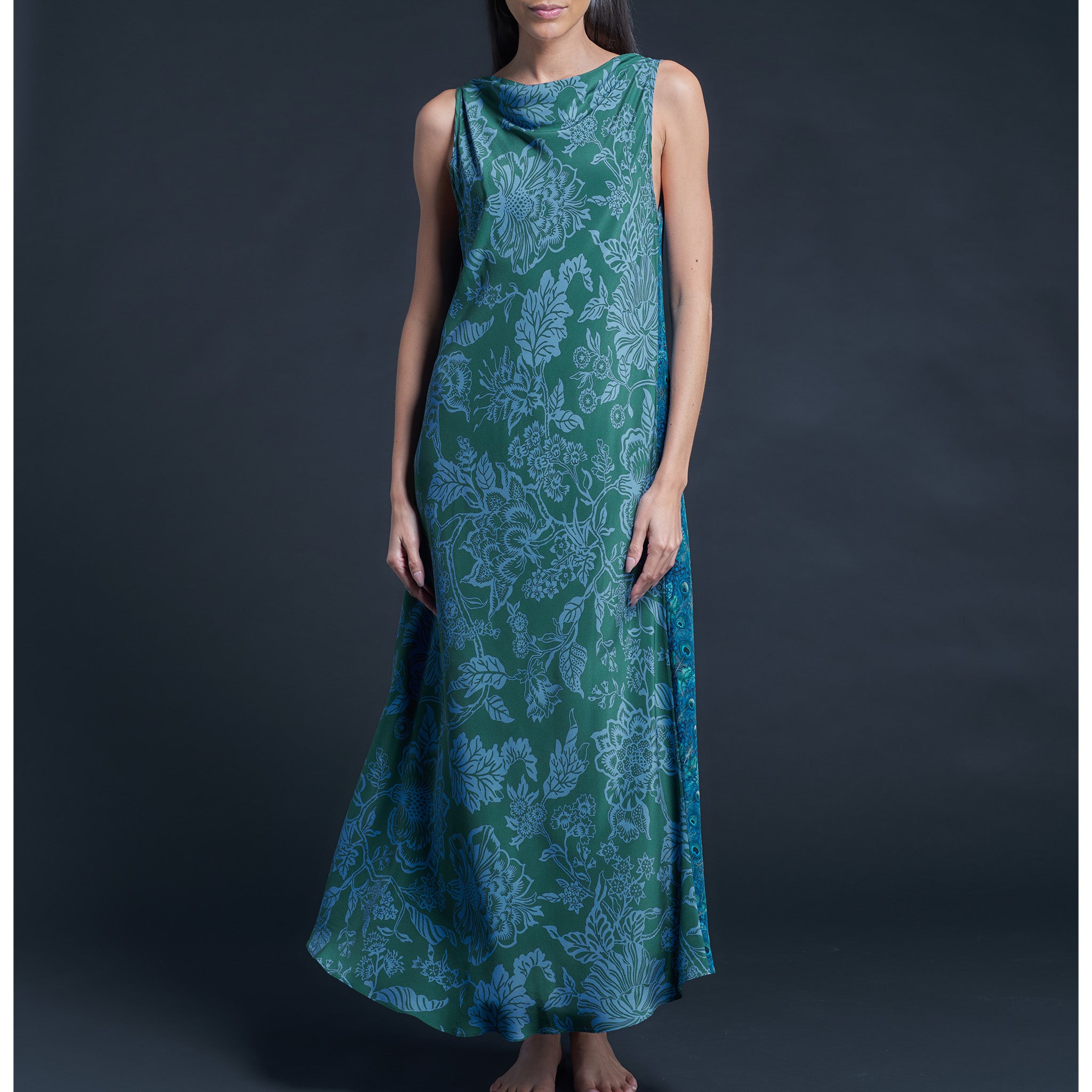 Mariana Sleeveless Blue Peacock Liberty Print Silk Crepe de Chine Dress