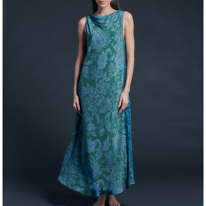 Mariana Sleeveless Blue Peacock Liberty Print Silk Crepe de Chine Boatneck Dress