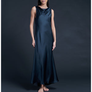 Mariana Sleeveless Sapphire Black Silk Charmeuse Boatneck Dress