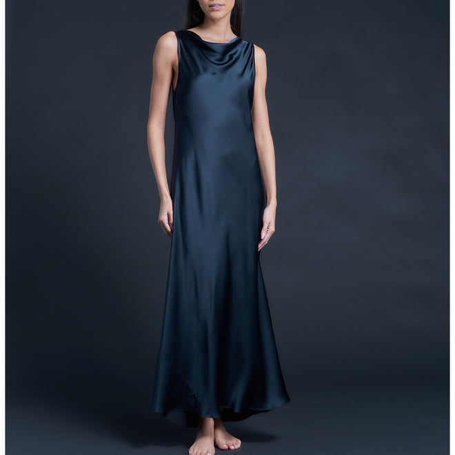 Mariana Sleeveless Sapphire Black Silk Charmeuse Boatneck Dress