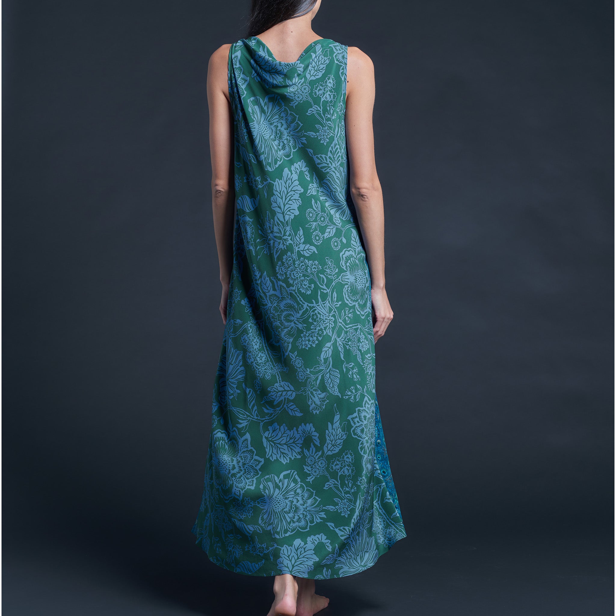Mariana Sleeveless Blue Peacock Liberty Print Silk Crepe de Chine Boatneck Dress