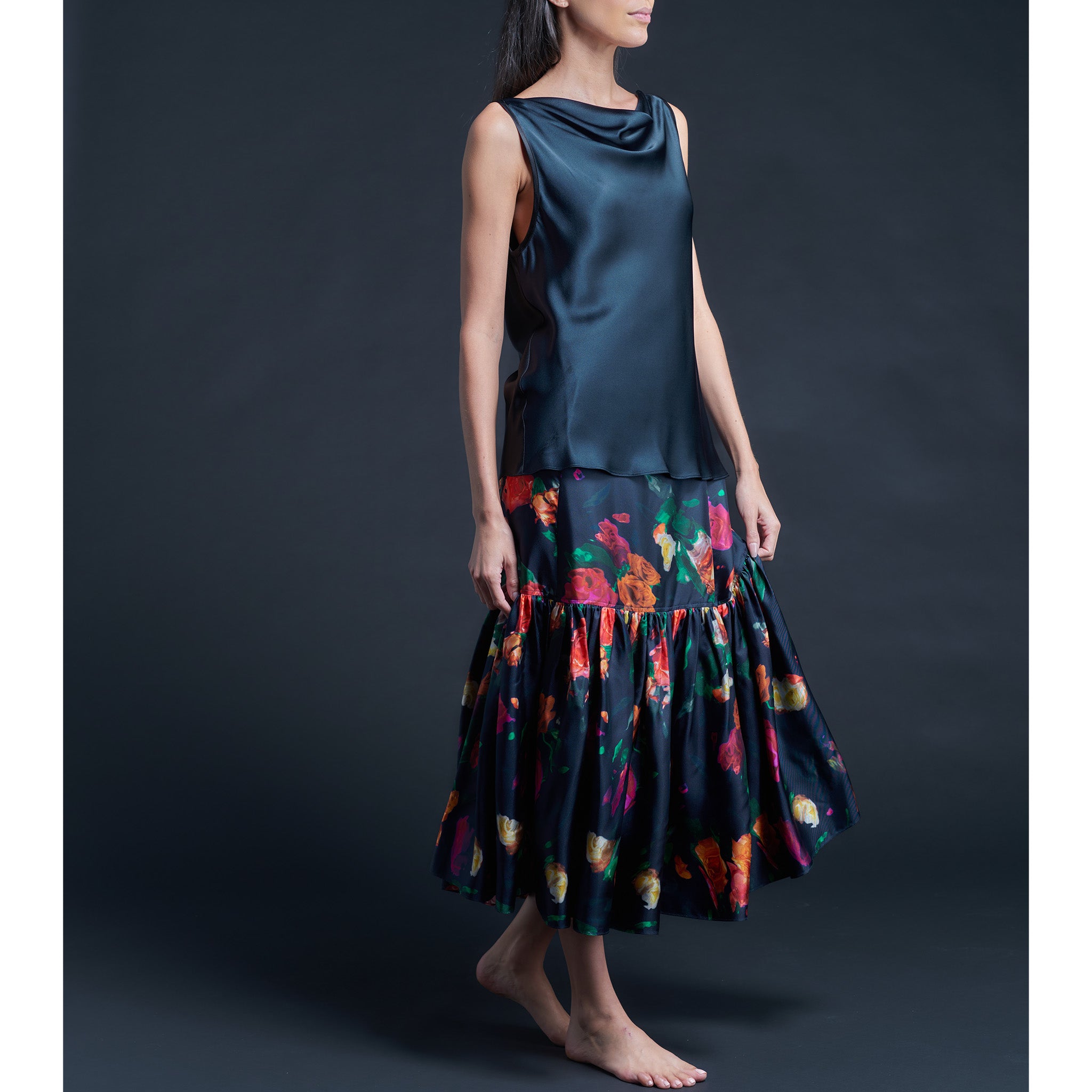 Mariana Sleeveless Solid Silk Charmeuse Shell - Sapphire/Black