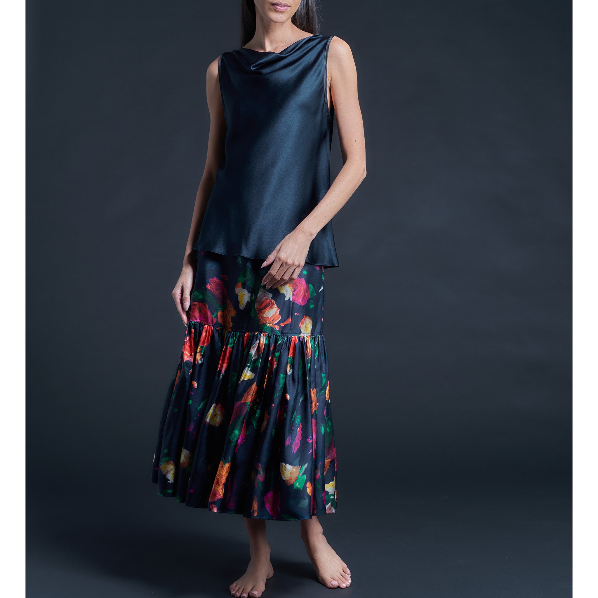 Mariana Sleeveless Solid Silk Charmeuse Shell - Sapphire/Black