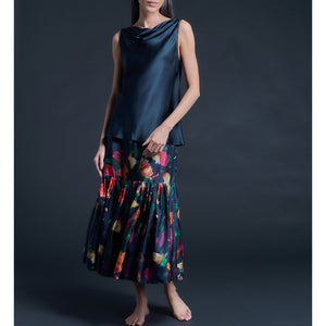 Mariana Sleeveless Solid Silk Charmeuse Shell - Sapphire/Black