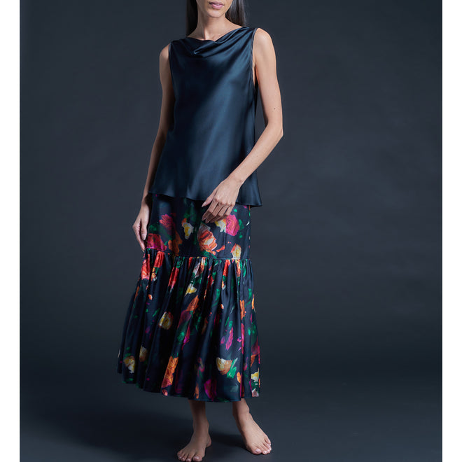 Mariana Sleeveless Solid Silk Charmeuse Shell - Sapphire/Black