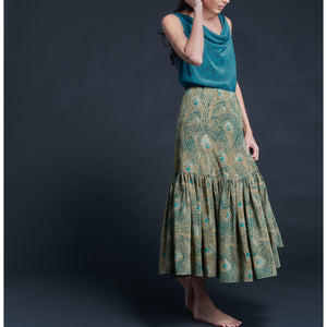 Longer Brigitte Ruffle Skirt in Green Royal Hera Liberty Print Silk Crepe de Chine
