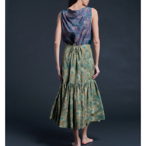 Longer Brigitte Ruffle Skirt in Green Royal Hera Liberty Print Silk Crepe de Chine
