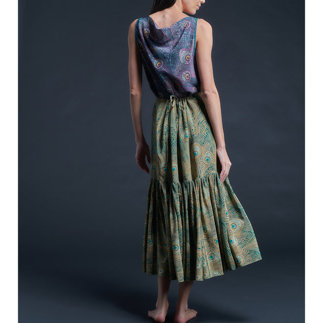Longer Brigitte Ruffle Skirt in Green Royal Hera Liberty Print Silk Crepe de Chine