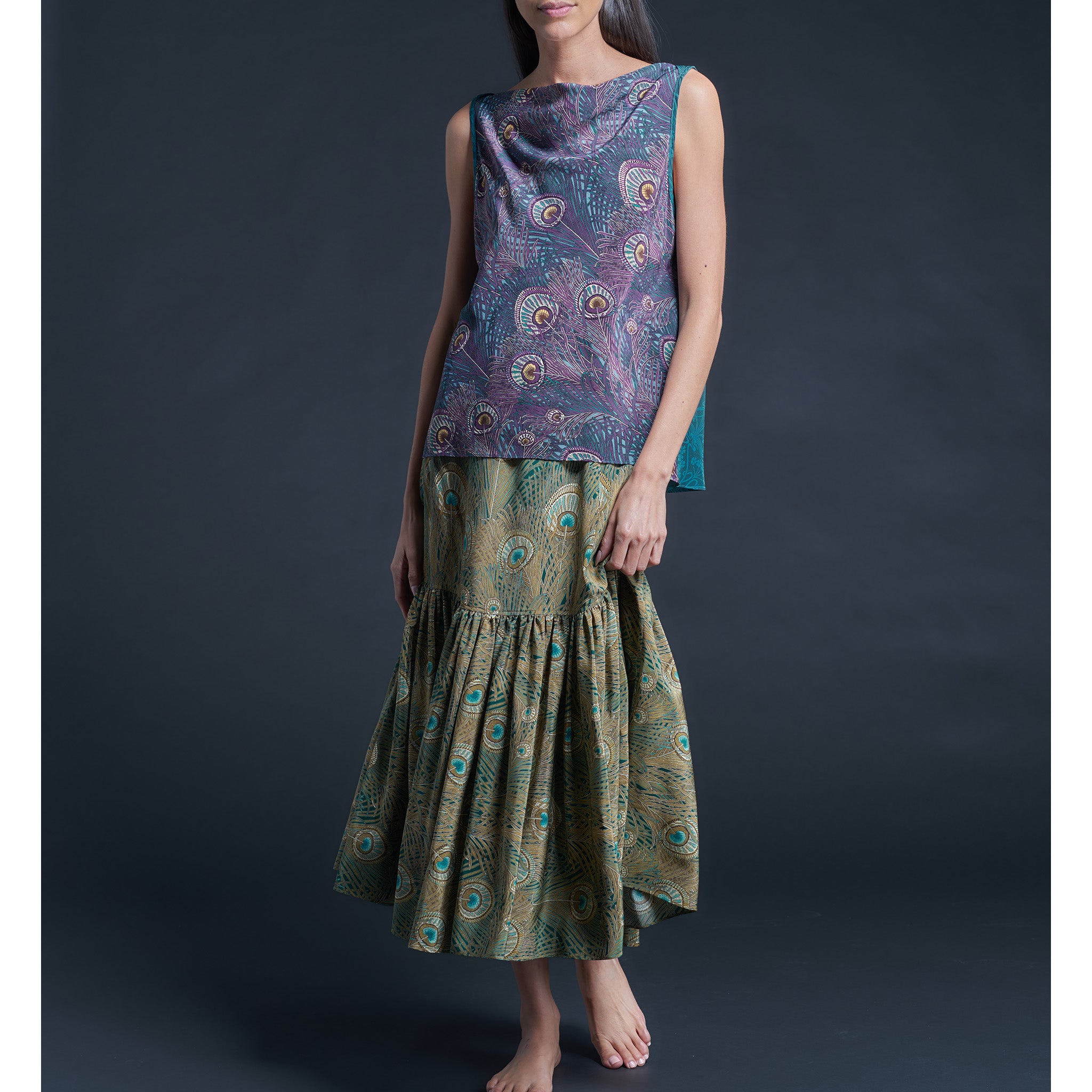 Longer Brigitte Ruffle Skirt in Green Royal Hera Liberty Print Silk Crepe de Chine