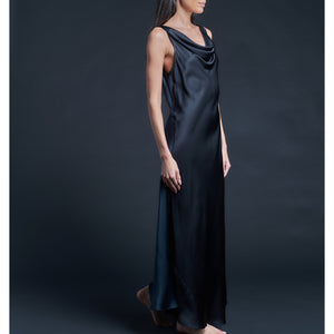 Mariana Sleeveless Sapphire Black Silk Charmeuse Boatneck Dress