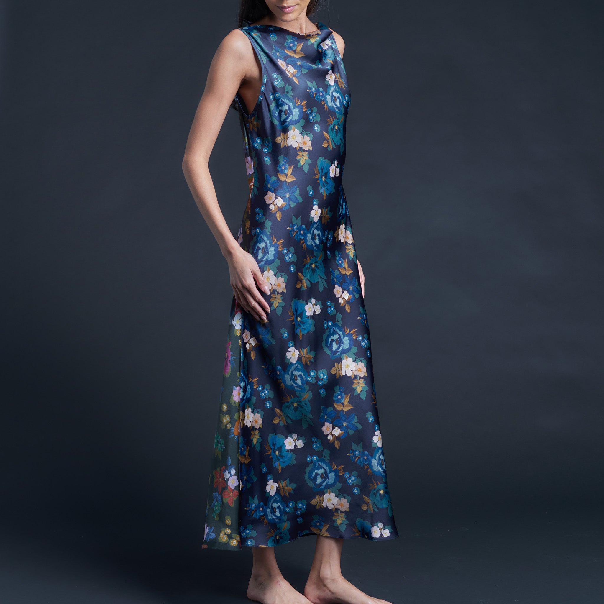 Mariana Sleeveless Valley of Nysa Liberty Silk Satin Boatneck Dress