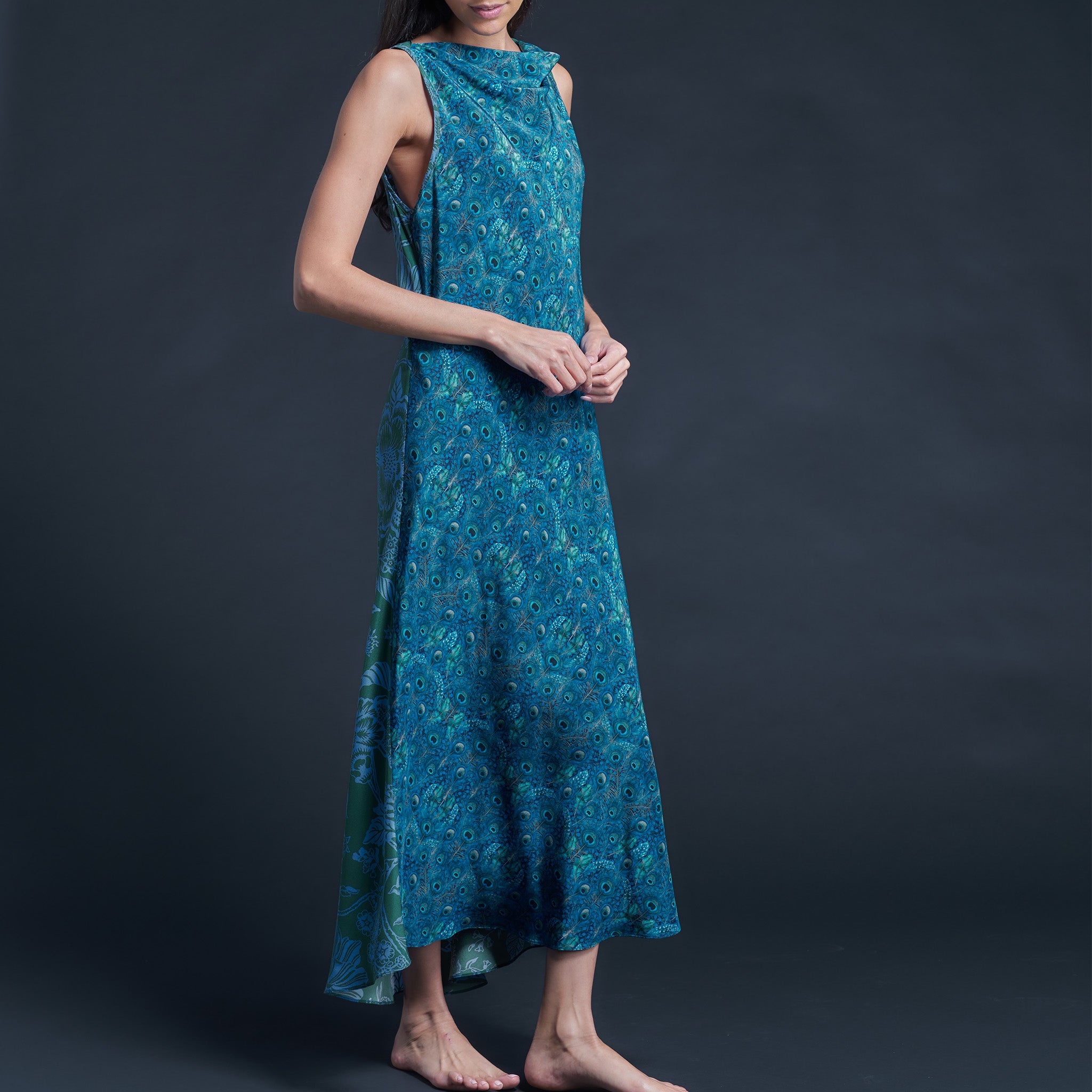 Mariana Sleeveless Blue Peacock Liberty Print Silk Crepe de Chine Boatneck Dress