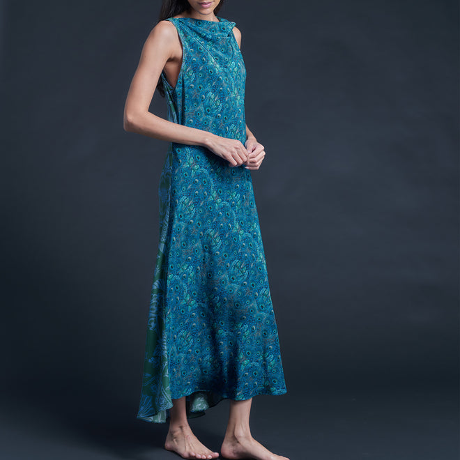 Mariana Sleeveless Blue Peacock Liberty Print Silk Crepe de Chine Boatneck Dress