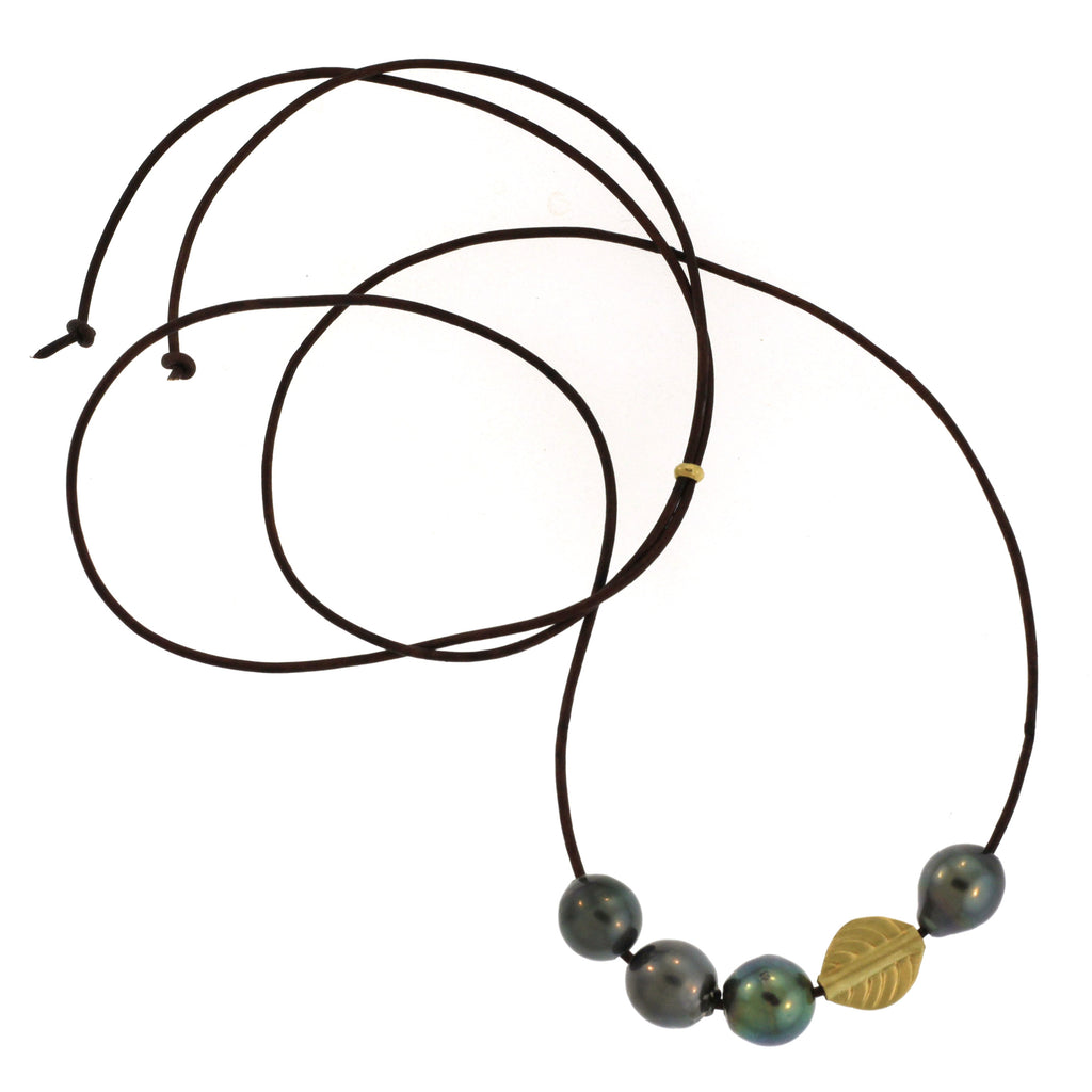 Four South Sea Tahitian Pearls + Abstract 18K Gold Leaf Bead Necklace